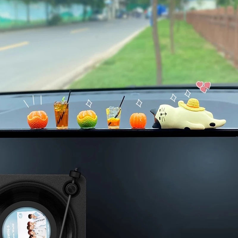Auto Interior DIY Mini Cat Lemon Tea Coffee Scene Car Dashboard Ornaments Accessory
