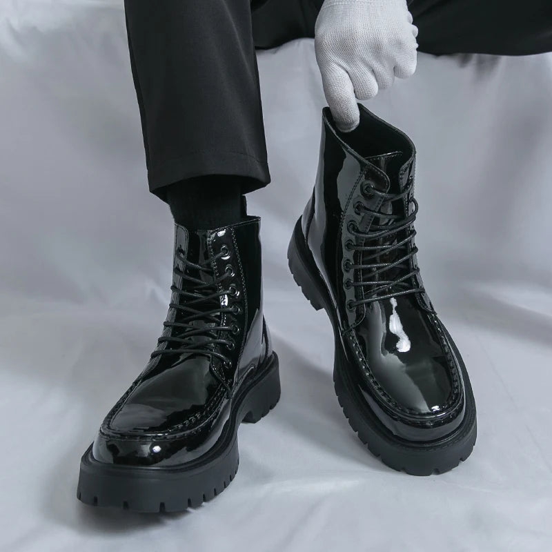 Men High Top Boots with PU Round Toe  Lightweight Sole Comfortable Fashionable Classic Casual Lace Up Side Zipper Men Boots