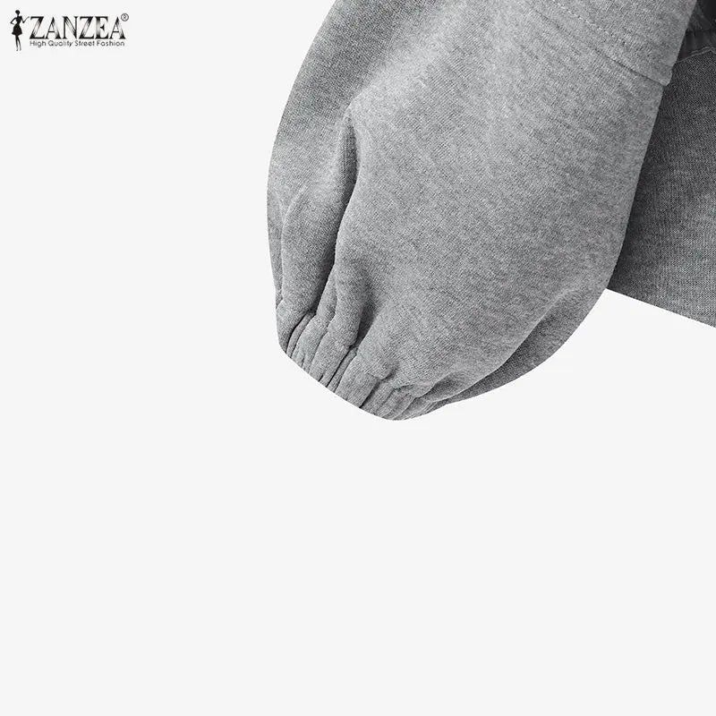 ZANZEA Casual Loose Lantern Sleeves Sweatshirts Women's Fashion Ruffled Trim O-Neck Zip-Up Hoodies Solid Color Woman Clothes 3XL