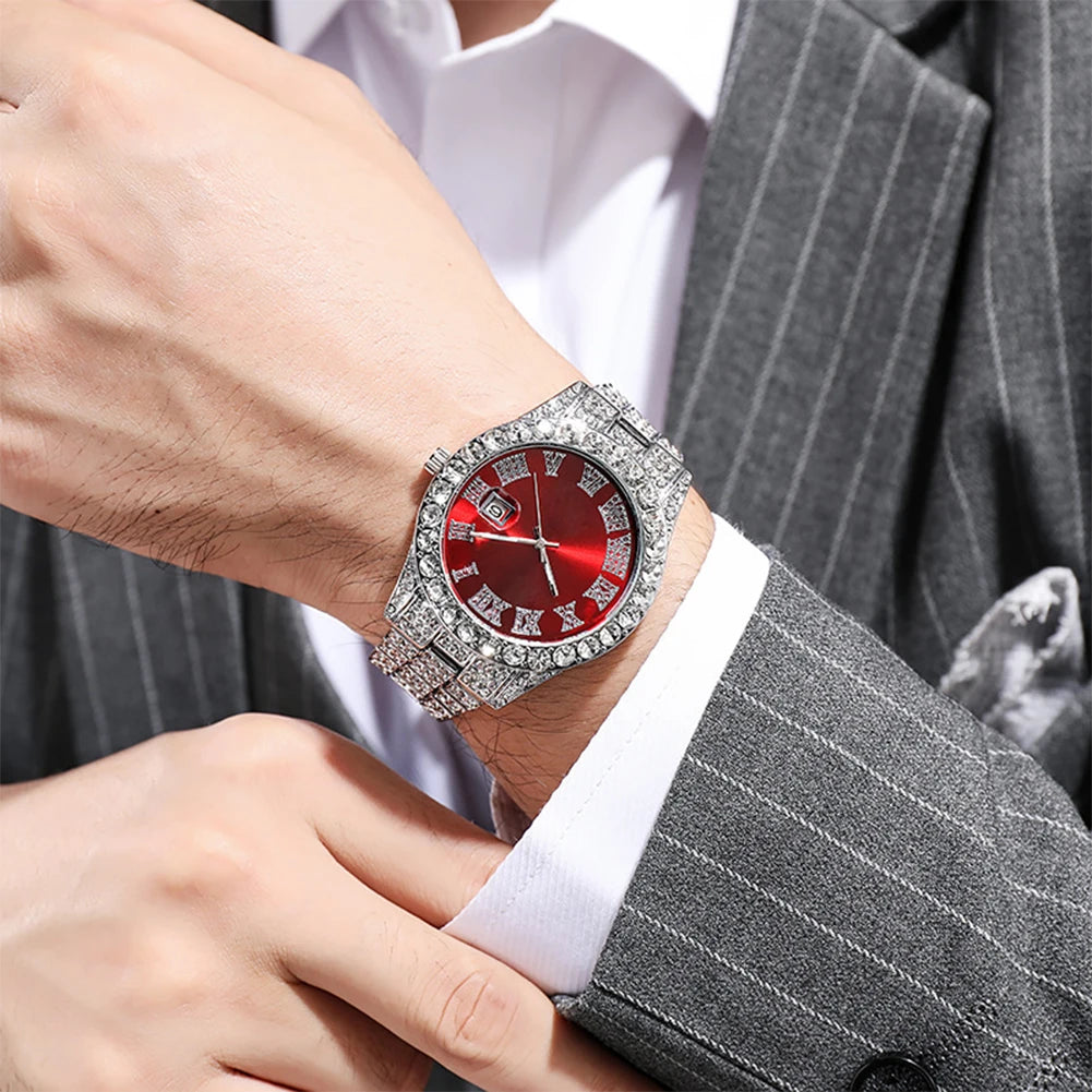 Hip Hop Luxury Men Calendar Watch Stainless Steel Gold Color Iced Out Paved Rhinestones Wristwatch Reloj Hombre