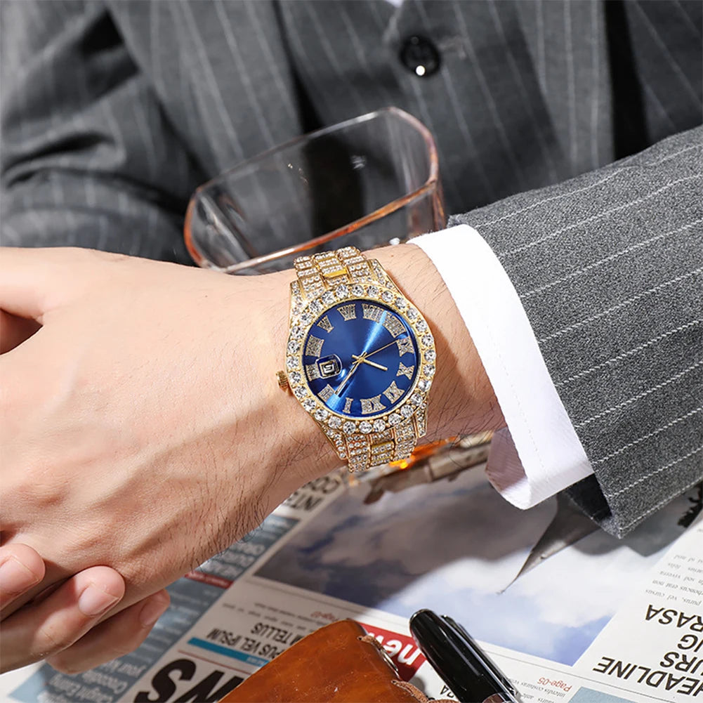 Hip Hop Luxury Men Calendar Watch Stainless Steel Gold Color Iced Out Paved Rhinestones Wristwatch Reloj Hombre