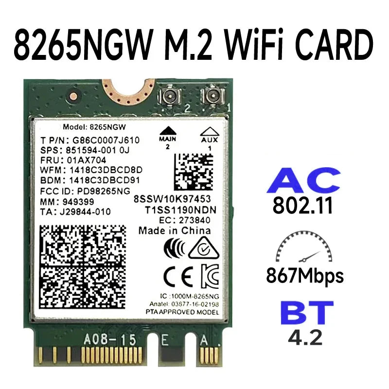 Wireless-AC 8265 Dual Band 2.4G/5Ghz Wifi Bluetooth Wlan For 8265NGW NGFF 802.11ac 867Mbps 2x2 MU-MIMO BT 4.2 Card - Free Items Weekend.