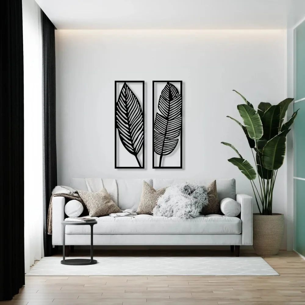 Decorative Leaves Metal Wall Art: Set of 2 for Home Wall Decor Black Metal Hanging Leaves Elegant Iron Art