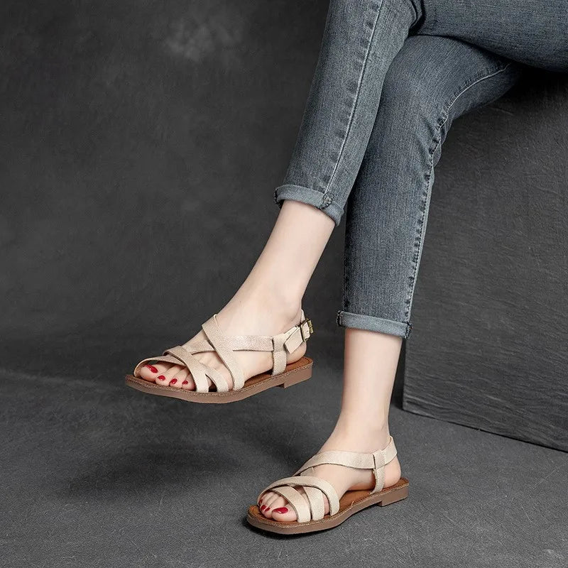 Johnature Simple Genuine Leather Flat Sandals 2026 Summer New Casual Solid Color Soft Sole Comfortable Versatile Women Shoes