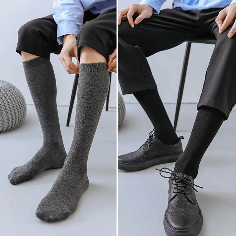 Men's Formal Long Socks – Knee High Cotton Dress Socks, Solid Color Soft Elastic for Business, Party, Four Seasons