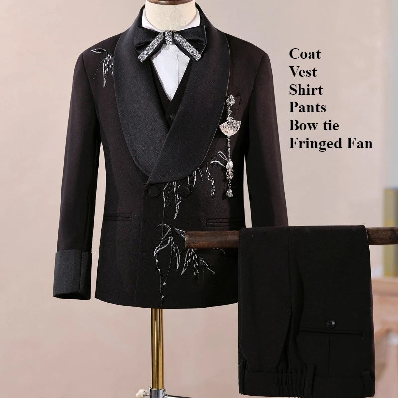 Boys Black Suit Three Piece Set Performance Gown Host Formal Wear Choir Stage Costume Birthday Party Evening Celebration Clothes