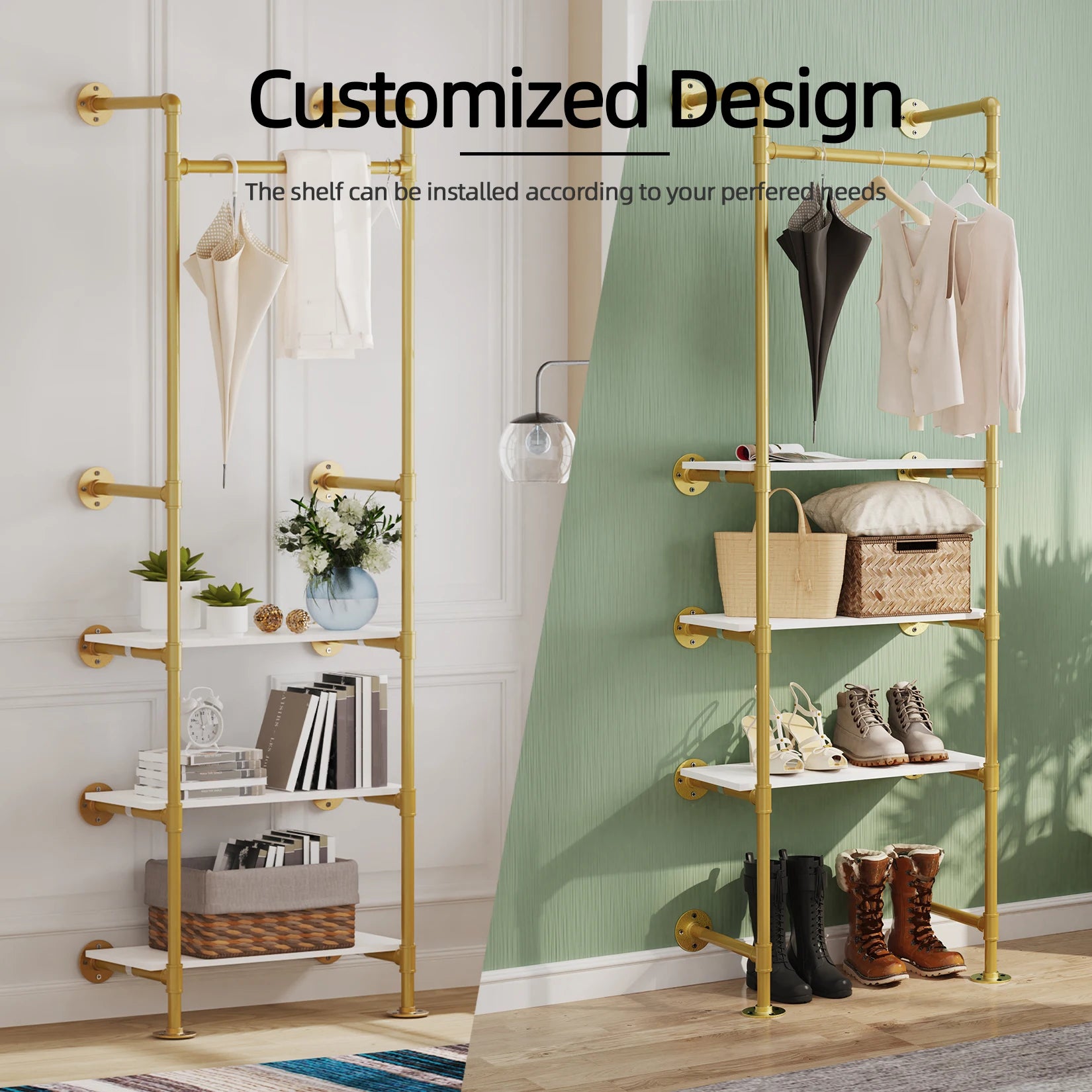 Heavy Duty Industrial Pipe Clothes Rail Hanging Open Wardrobe Shoe Rack Showroom Wall Mounted Garment Rack with 3 Shelves