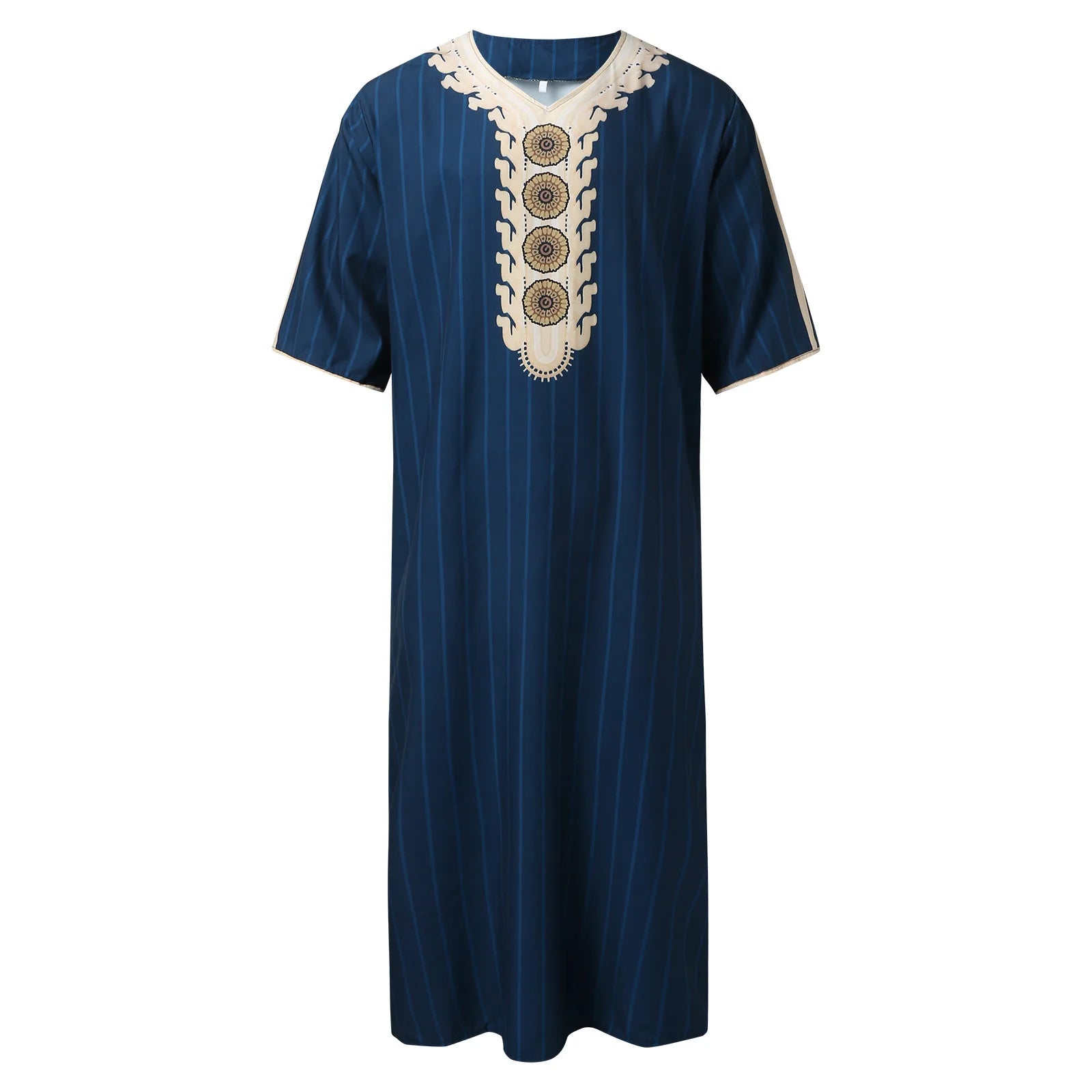 Kaftan Summer Middle Eastern Men's Arab Robe Loose V-neck Short Sleeved Printed Men's Muslim Clothing Islamic Clothing Kaftan