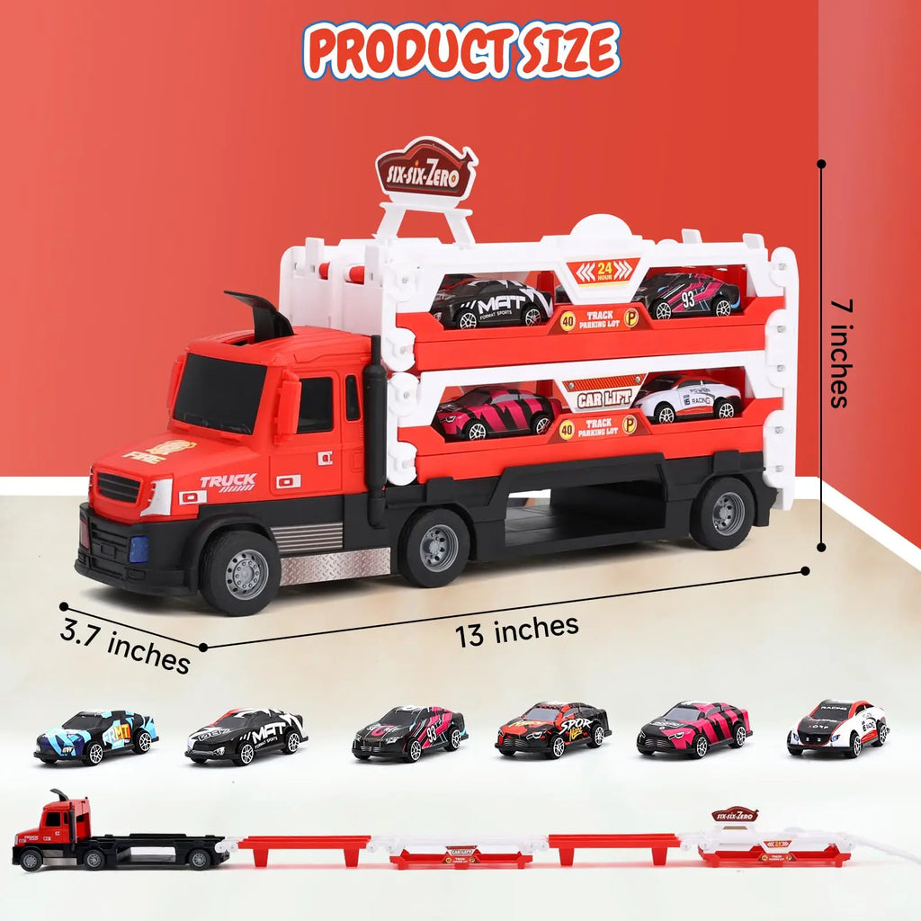 TALGIC Car Transporter Toy Truck for Toddlers 3-5 with 55-Inch Ejection Race Track with 6 Race Cars Gift for Kids Ages 3-5, 4-8