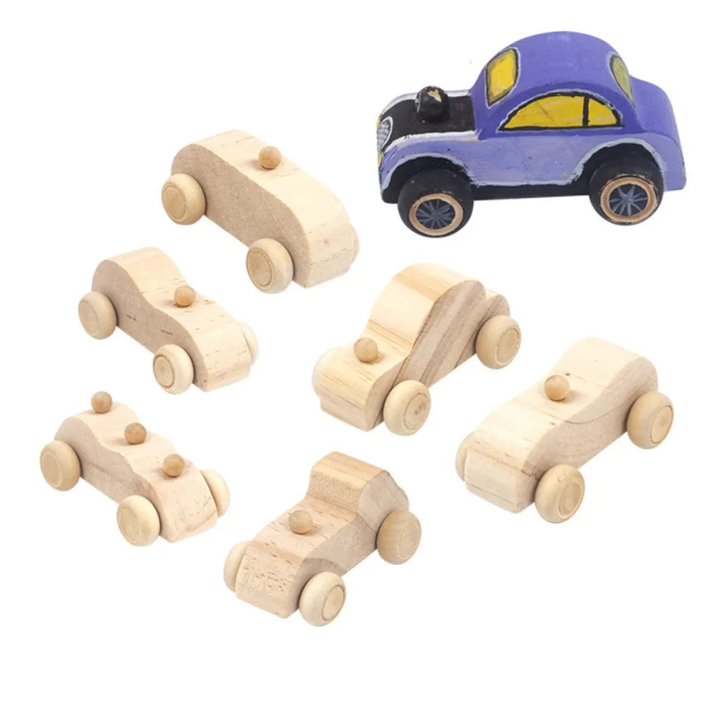 6PCS/SET Wooden Material DIY Painting Cars Hand-crafted Educational Hand-made Toys Lightweight Painting Surface Graffiti Car