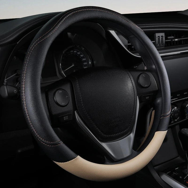 PU Leather Contrast Colour Car Steering Wheel Cover  Sweat Absorbent, Wear Resistant and Non-slip, Universal in All Seasons - Free Item