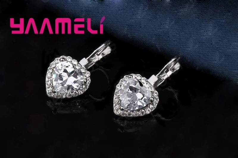 Nice Birthday Valentine's Gift for Women Ladies Fine 925 Sterling Silver Clear Cubic Zircon Excellent Cut Heart Jewelry Sets