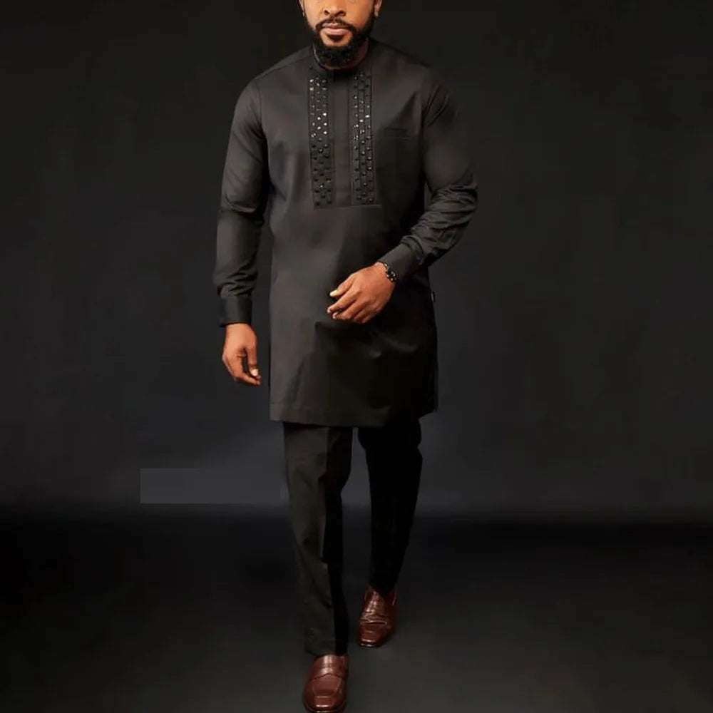 Kaftan Luxury Designer Men's Set African Clothing Men Suit Solid Color Embroidered Top and Sweatpant 2Pcs Festive Wedding Simple