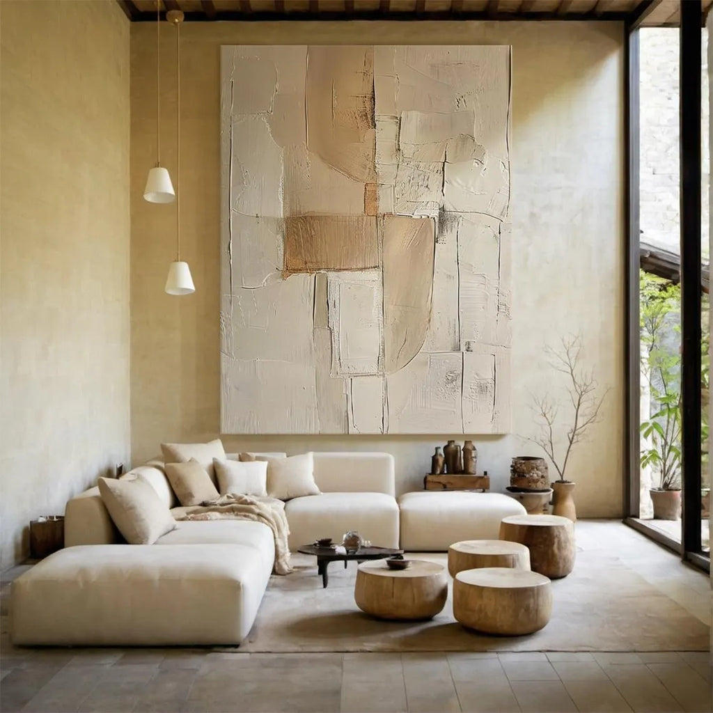 3D Beige Large Canvas Abstract Handmade Oil Painting Brown Simple Wall Art Textured Geometric Art Wall Decor Living Room Deco