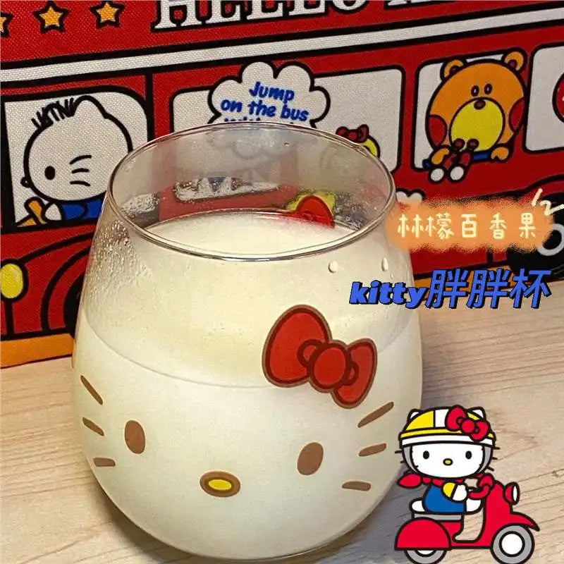 Kawaii Hello Kitty Cinnamoroll Glass Cup Cute Cartoon Girlish Heart Milk Fruit Juice High-capacity Big Bellied Cup Gifts 500ML