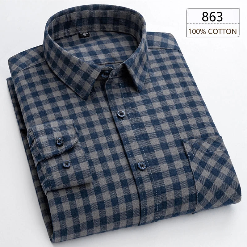 New Spring Long Sleeve Plaid Shirts For Men 100% Cotton Flannel Plus Size Easy care Confortable Top Casual Smart Dress Shirts
