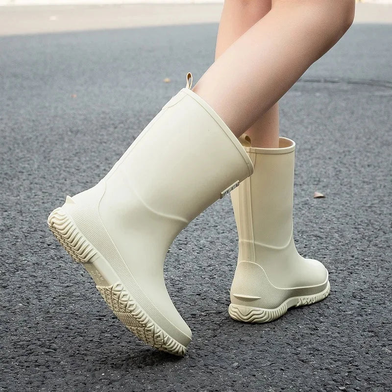 Fashionable Mid-Calf Women's Rain Boots Waterproof Slip-Resistant Thick Bottom Cute Outerwear PVC Material Low Heel Pure Color - Free Item Weekend (50% off).