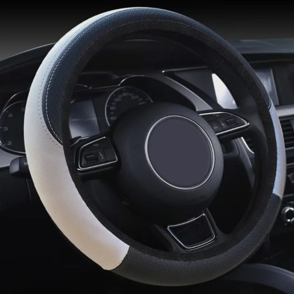 38cm Steering Wheel Cover PU Leather Anti Slip Steer Wheel Protector Fiber Braid Breathable Steering Cover