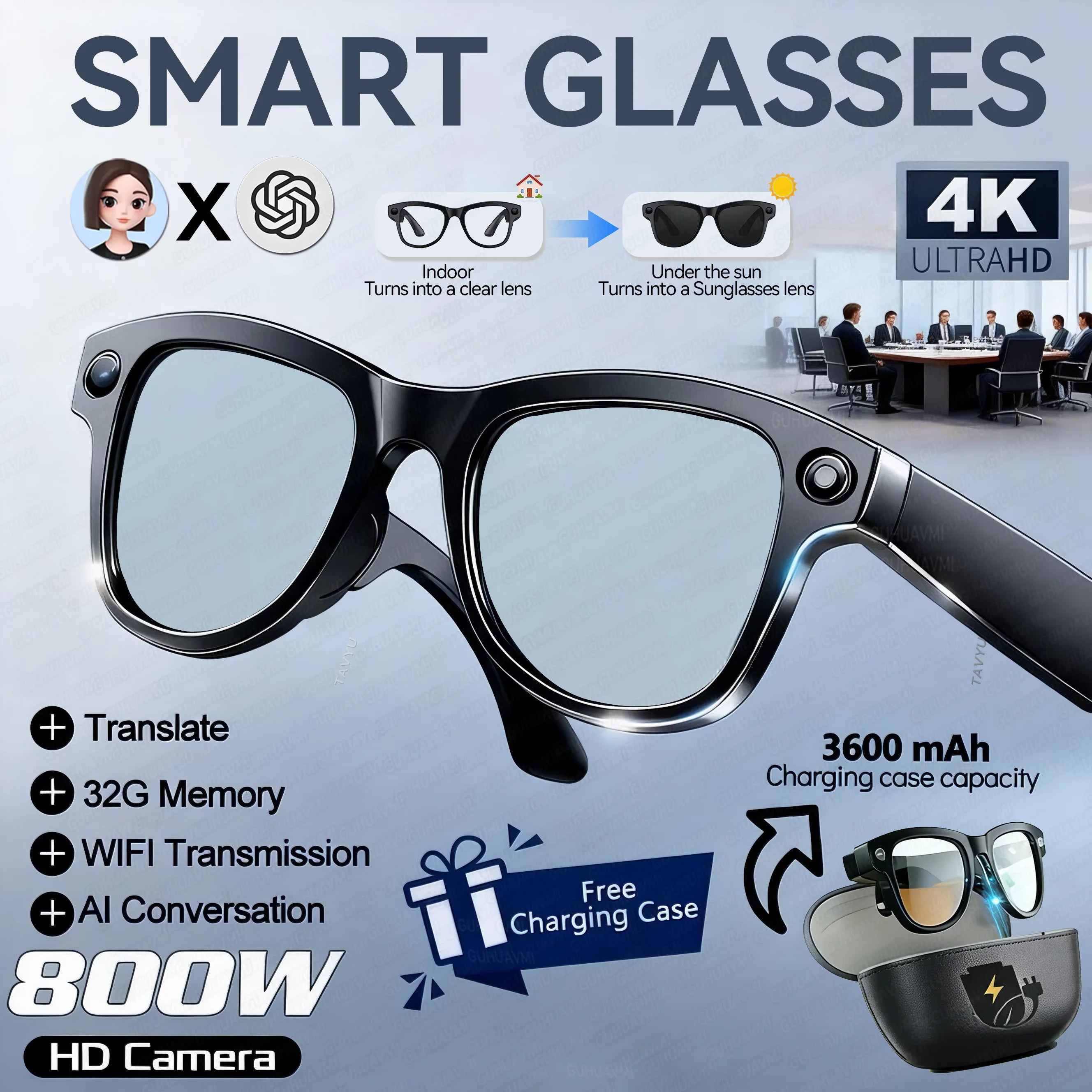 New 800W 4k HD Camera Smart Glasses Men 3600mAh Power Bank 100+ Languages Translation Recording Videos Music Player Call Glasses