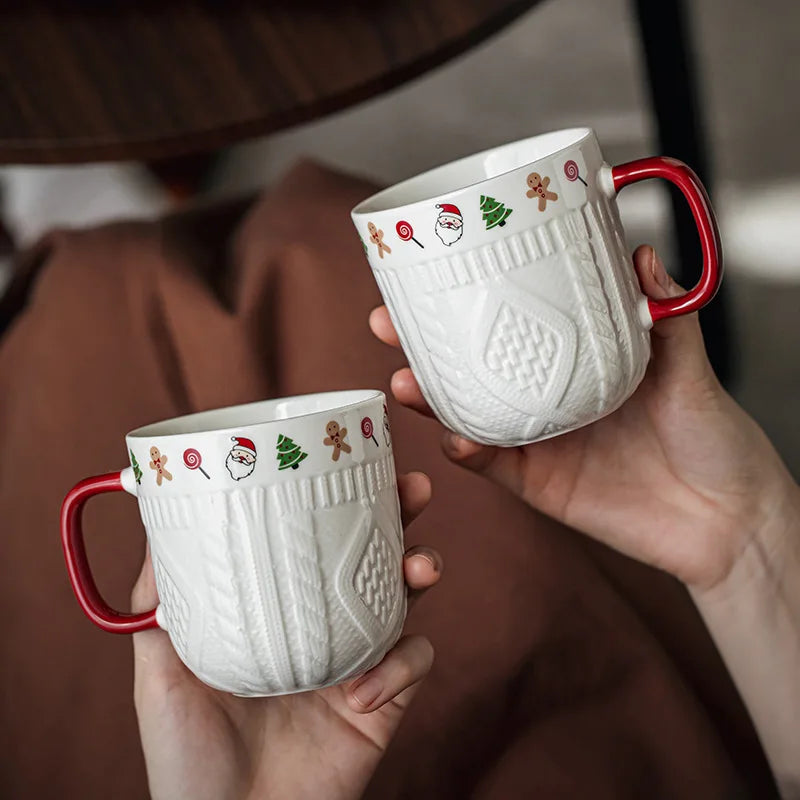 2Pcs/Set 12oz Ceramic Espresso Cups Porcelain Coffee Mugs Set for Tea Latte Cafe Mocha Couple Cozy Sweater Cups Christmas Gift L