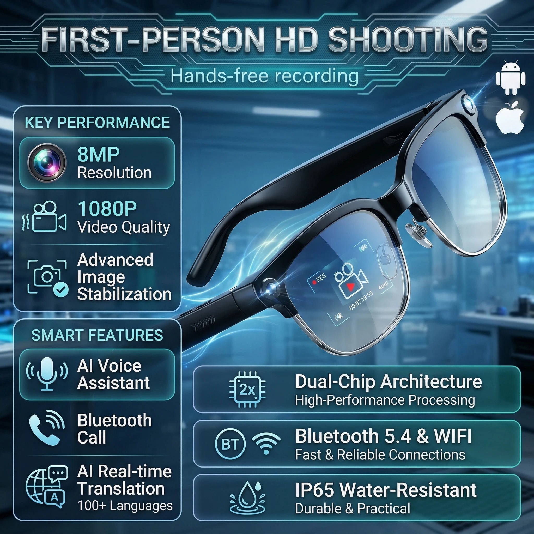 2026 New Smart AI Glasses 800W Shooting Camera HD Photo Video Voice Call Translation Waterproof Bluetooth AI Motorcycle Glasses