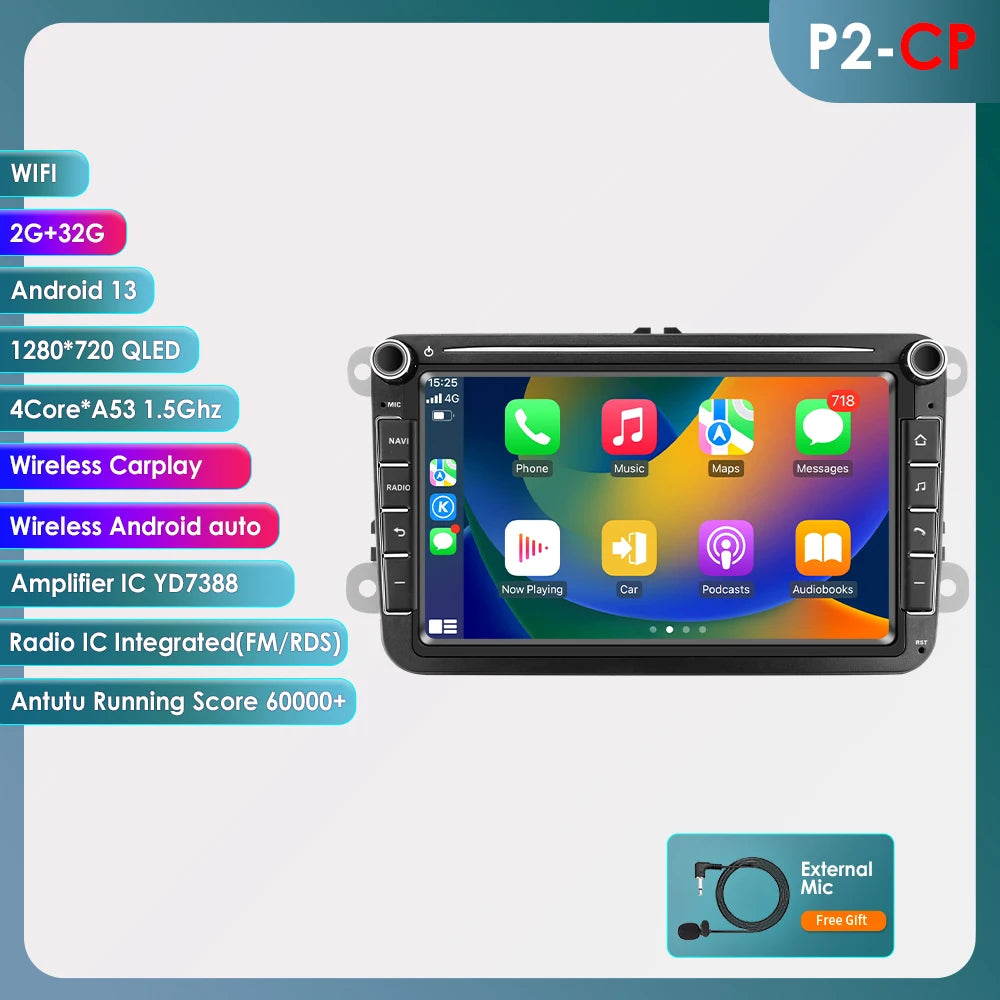 Hizpo 2Din 8'' Carplay 4G AI Systems Android 14 Car Radio forVolkswagen Golf 5 6 Polo Passat B6 B7 CC Skoda Jetta  Autoradio