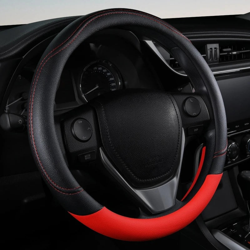 PU Leather Contrast Colour Car Steering Wheel Cover  Sweat Absorbent, Wear Resistant and Non-slip, Universal in All Seasons - Free Item