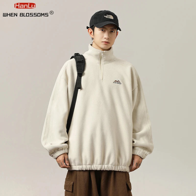 Autumn Winter Fleece Warm Stand Collar Embroidered Half Zip Men's Sweater New WoMen Fashion Streetwear Sweatshirts Casual Coats