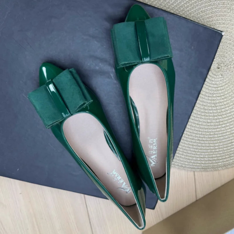 Women Shiny Leather Pointy Tip Slip-On Orange Green Flat Shoes Leathers Low Top Chaussures Bow 34 48 Skinny Shoes For Slim Feet