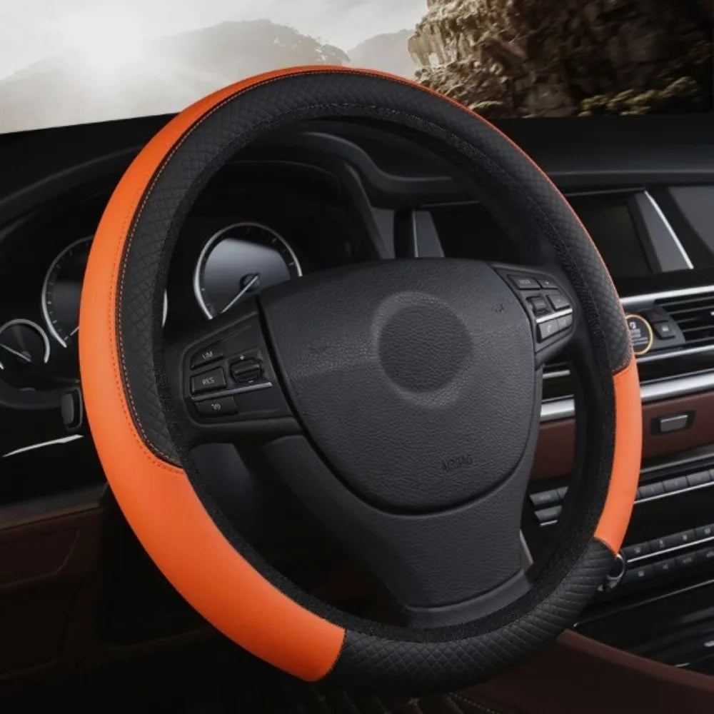 38cm Steering Wheel Cover PU Leather Anti Slip Steer Wheel Protector Fiber Braid Breathable Steering Cover