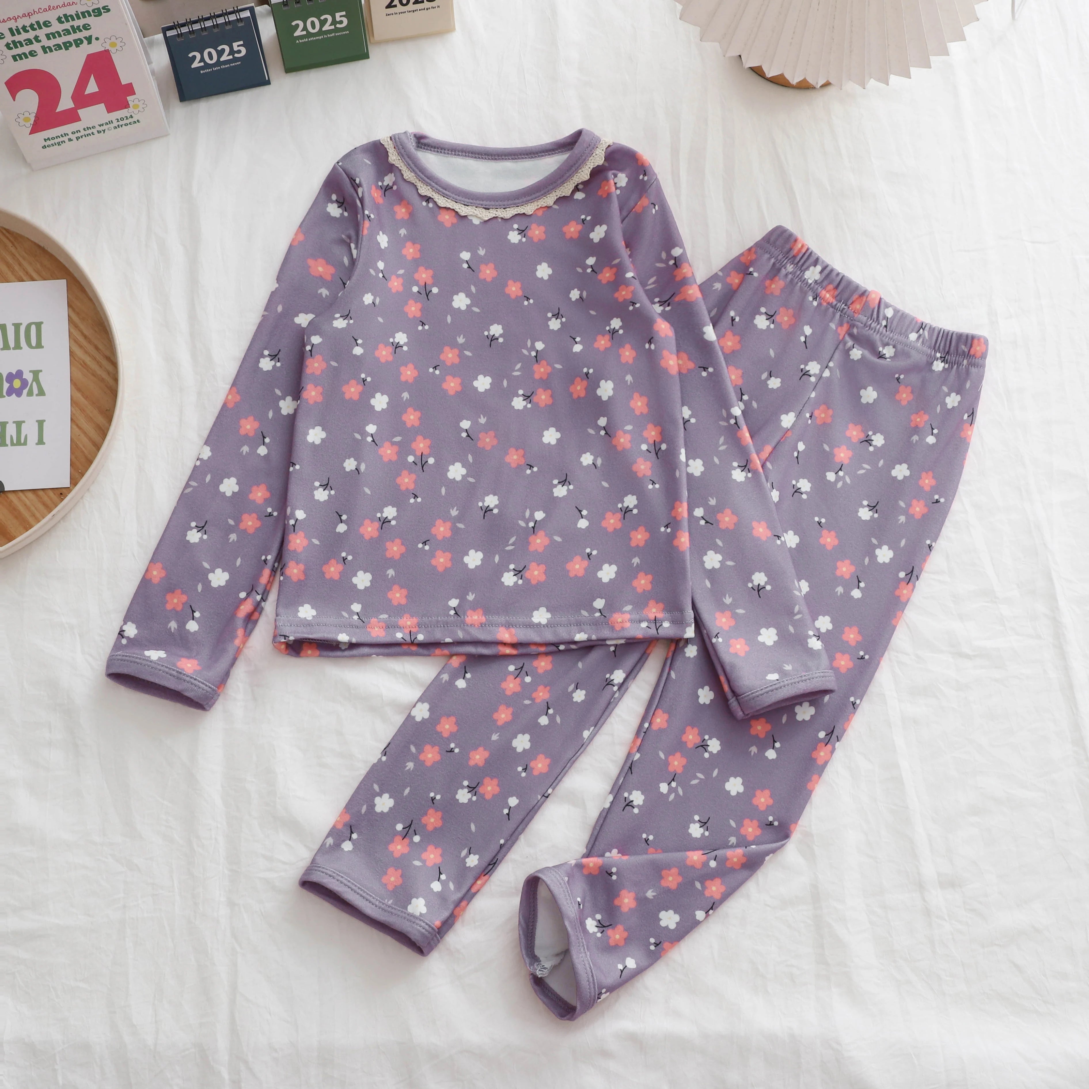 De Rong Thermal Autumn Clothing Set for Girls, Floral Loungewear, Long-Sleeved Top and Long Pants Set, Pajamas, New Spring and Autumn Two-Piece Trendy Set