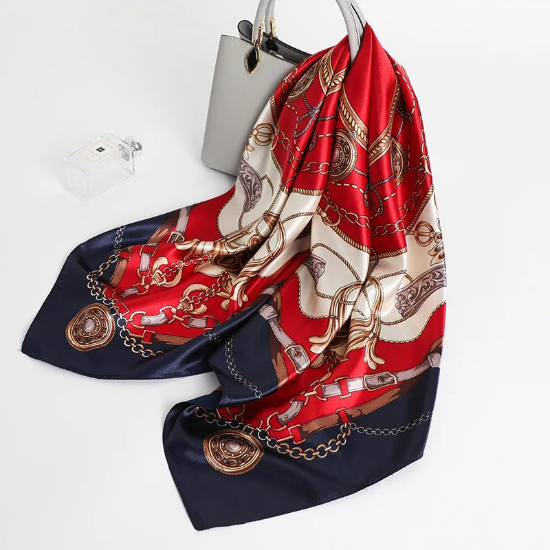 90*90cm Square Silk Scarves Women Hijab Shawls Fashion Print Kerchief Femme Head Scarf Foulard Bandana Beach Pareo