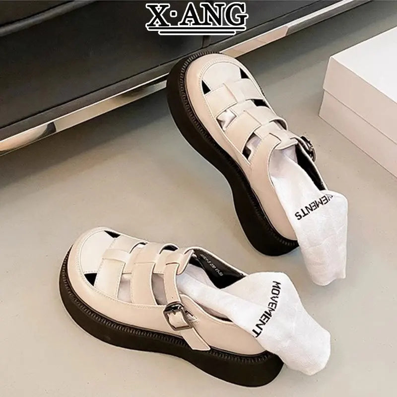 Summer Fashion Genuine Leather Thick-soled Mid-heeled Sandals Casual Comfortable Women's Shoes Hollow Pig Cage Women's Sandals