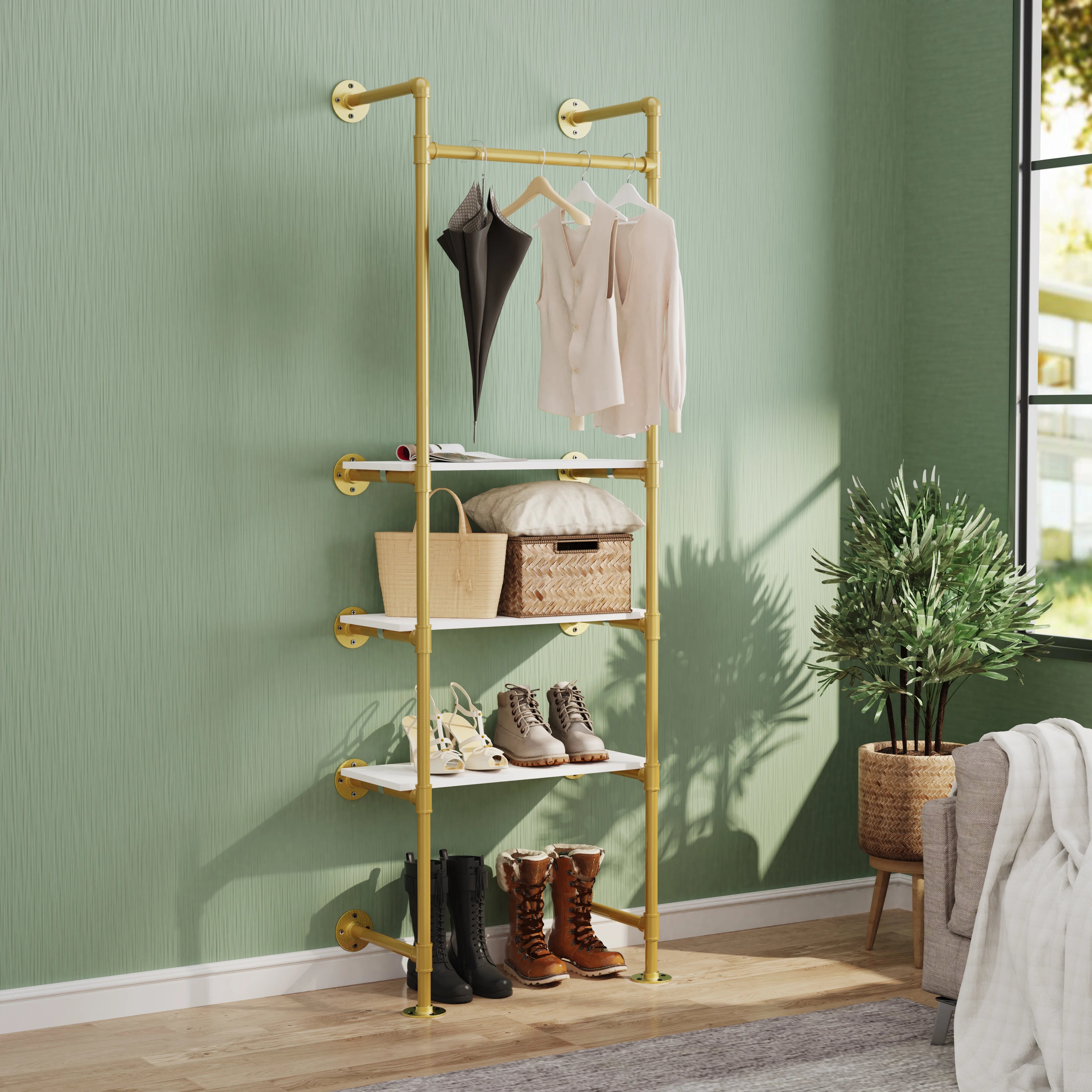 Heavy Duty Industrial Pipe Clothes Rail Hanging Open Wardrobe Shoe Rack Showroom Wall Mounted Garment Rack with 3 Shelves