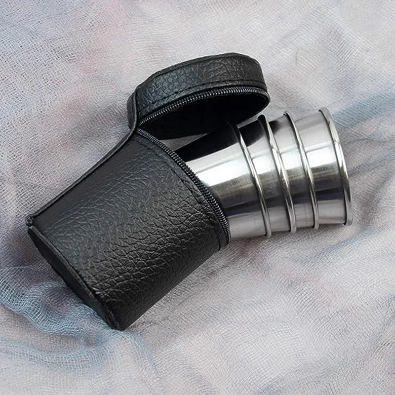 Outdoor camping -4-piece set of stainless steel mini whiskey glasses, portable black leather bag, 30ml/70ml/160ml