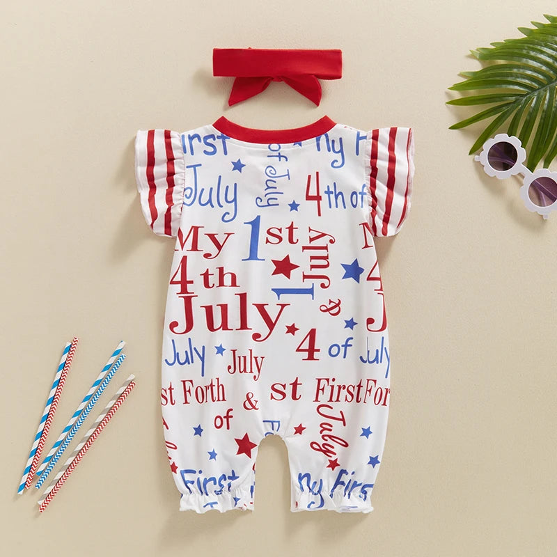 Toddler Boy 4th of July Outfit American Flag Print Romper and Hat Set Stylish Patriotic Clothing for Independence Day