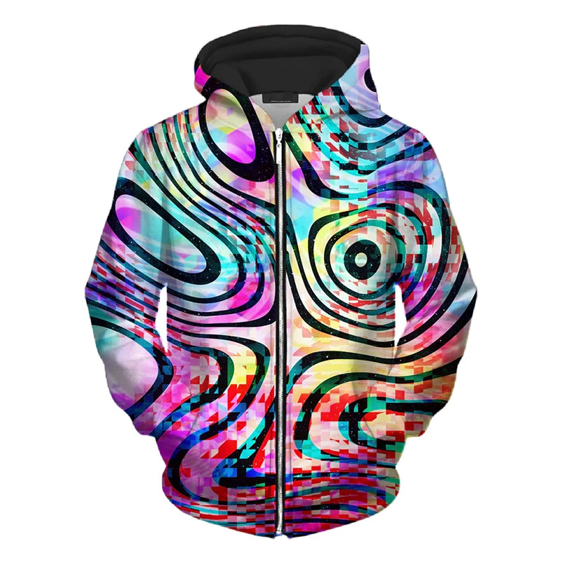 Cool Colorful Pattern Zip Hoodie Personality Street Harajuku Fashion Hooded Coat 3d Print Striped Dot 2024 Spring New Hoodies