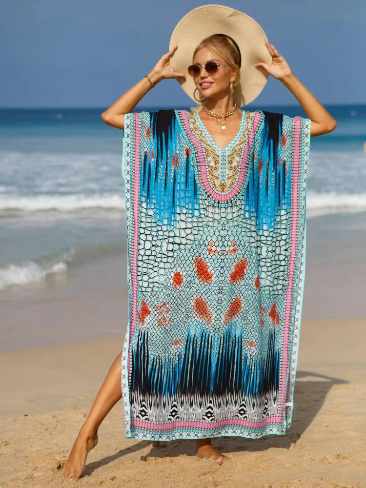 Kaftan Dresses Tropical Printed Cover Ups for Swimwear Women Elegant Maxi Robe Holiday Bathing Suits Dropshipping Hot Sales