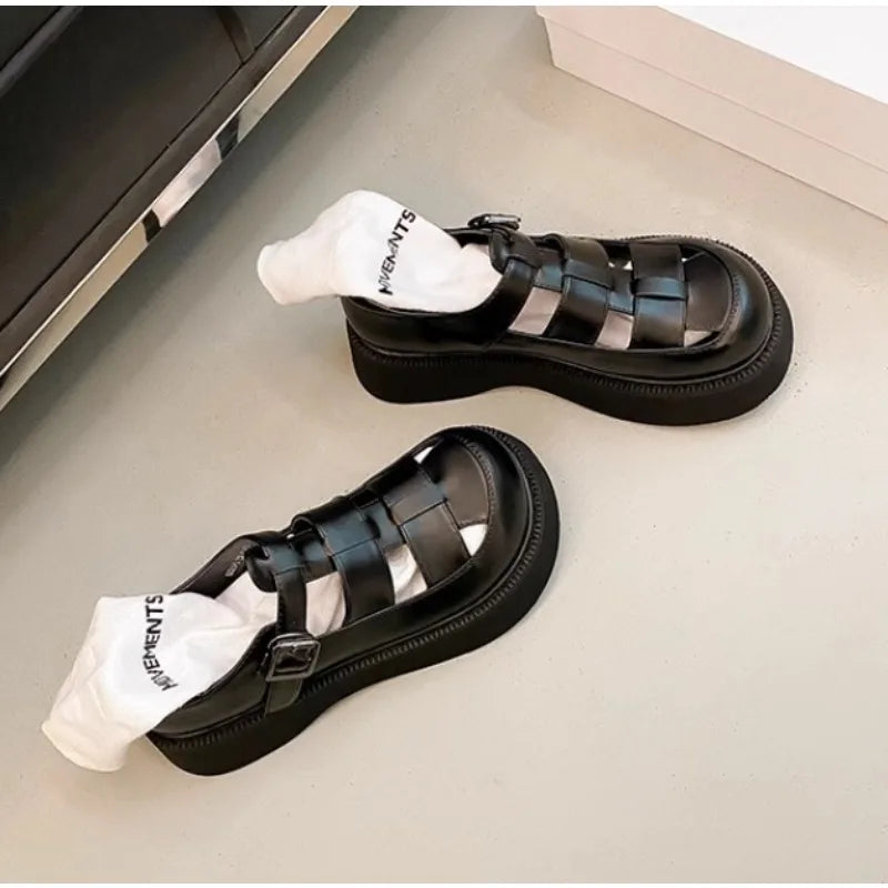 Summer Fashion Genuine Leather Thick-soled Mid-heeled Sandals Casual Comfortable Women's Shoes Hollow Pig Cage Women's Sandals
