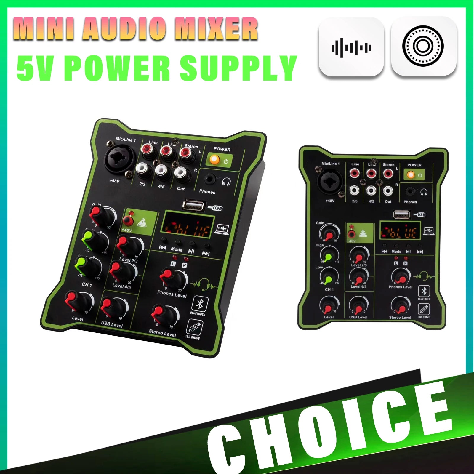 Mini Mixing Console Podcast 4 Channels Sound Card Audio Mixer Individual 48V Bluetooth USB PC Play Record