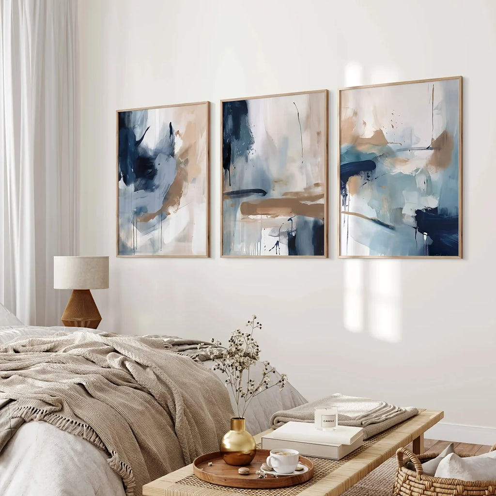 3pcs Abstract Navy Blue Geometric Canvas Print Minimalist Ink Paint Landscape Wall Art Poster for Modern Living Room Home Decor