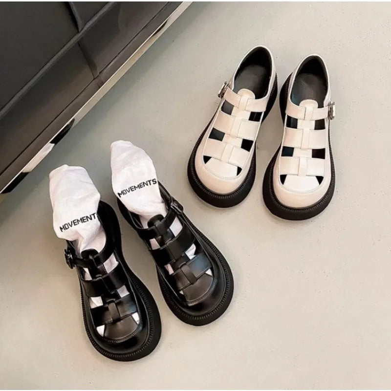 Summer Fashion Genuine Leather Thick-soled Mid-heeled Sandals Casual Comfortable Women's Shoes Hollow Pig Cage Women's Sandals