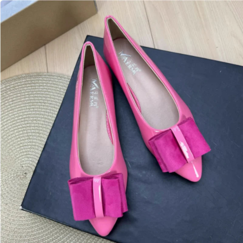 Women Shiny Leather Pointy Tip Slip-On Orange Green Flat Shoes Leathers Low Top Chaussures Bow 34 48 Skinny Shoes For Slim Feet