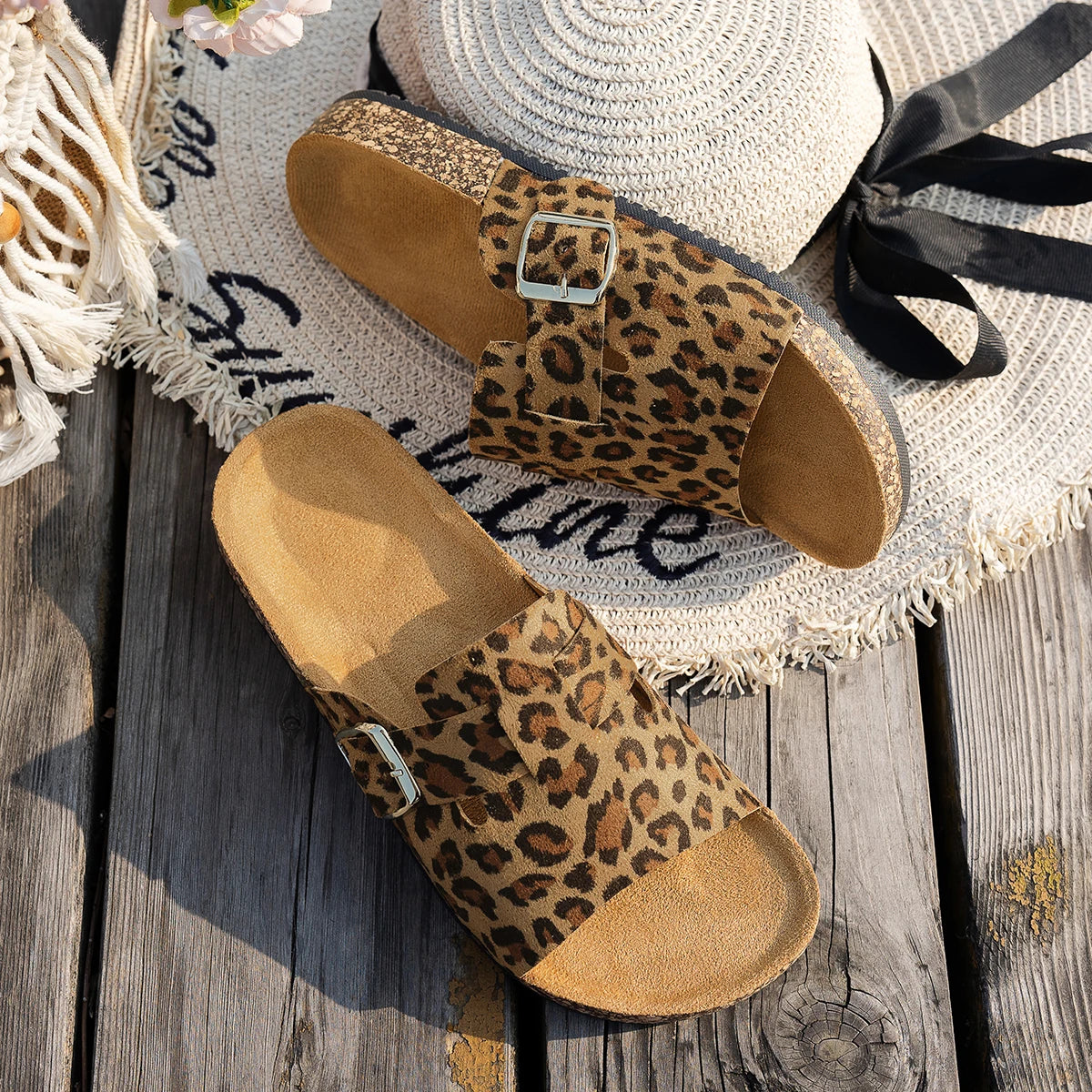 Four-Season Open-Toe Sandals for Outdoor Wear, New Spring and Autumn Women's Sandals, Simple, Casual, Fashionable, Versatile, Blue and Brown Cork Sole Sandals, Animal Print Leopard Print Slide Sandals with Adjustable Buckle S