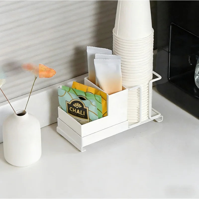 Coffee Tea Bag and Sugar Storage Box - Kitchen Organizer for Milk Packets with Disposable Cup Holder for Bar Counter