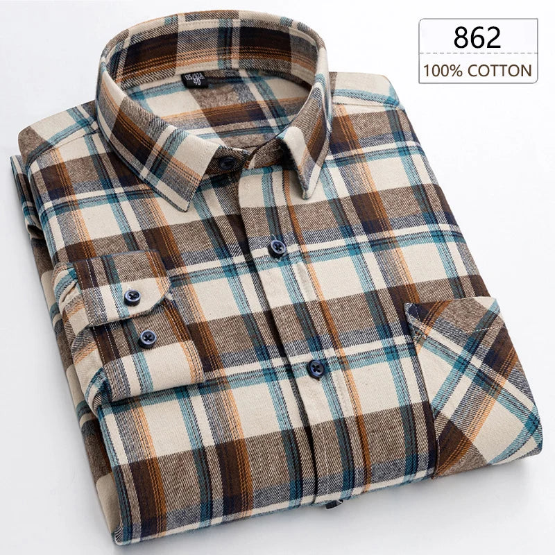 New Spring Long Sleeve Plaid Shirts For Men 100% Cotton Flannel Plus Size Easy care Confortable Top Casual Smart Dress Shirts