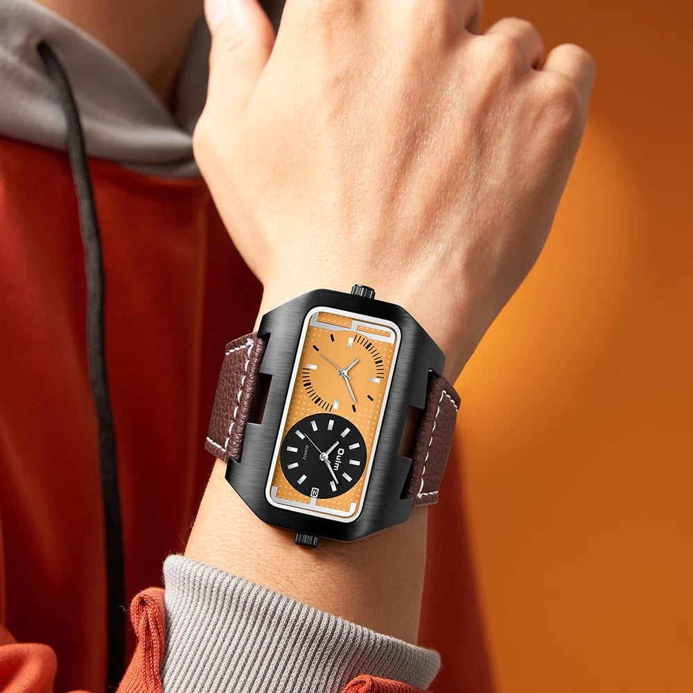 Oulm New Fashion Trend Cool Men's Watch Night Light Calendar Function Dual Time Zone Rectangular Large Dial Quartz Watch reloj