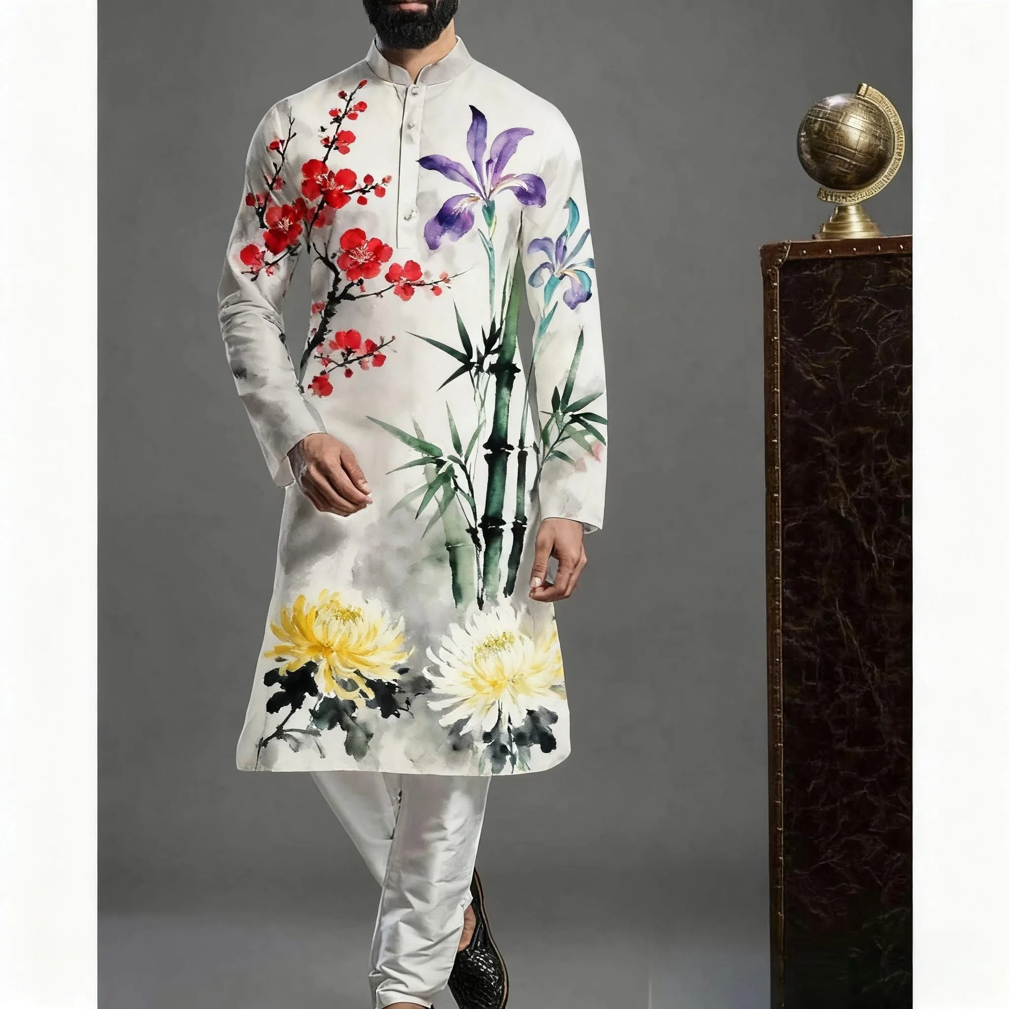 Muslim Kurtta Shirt Men Clothes Folk Kaftan Musulman Kurta Indian Islamic Clothing National Printed Long Sleeve Shirts