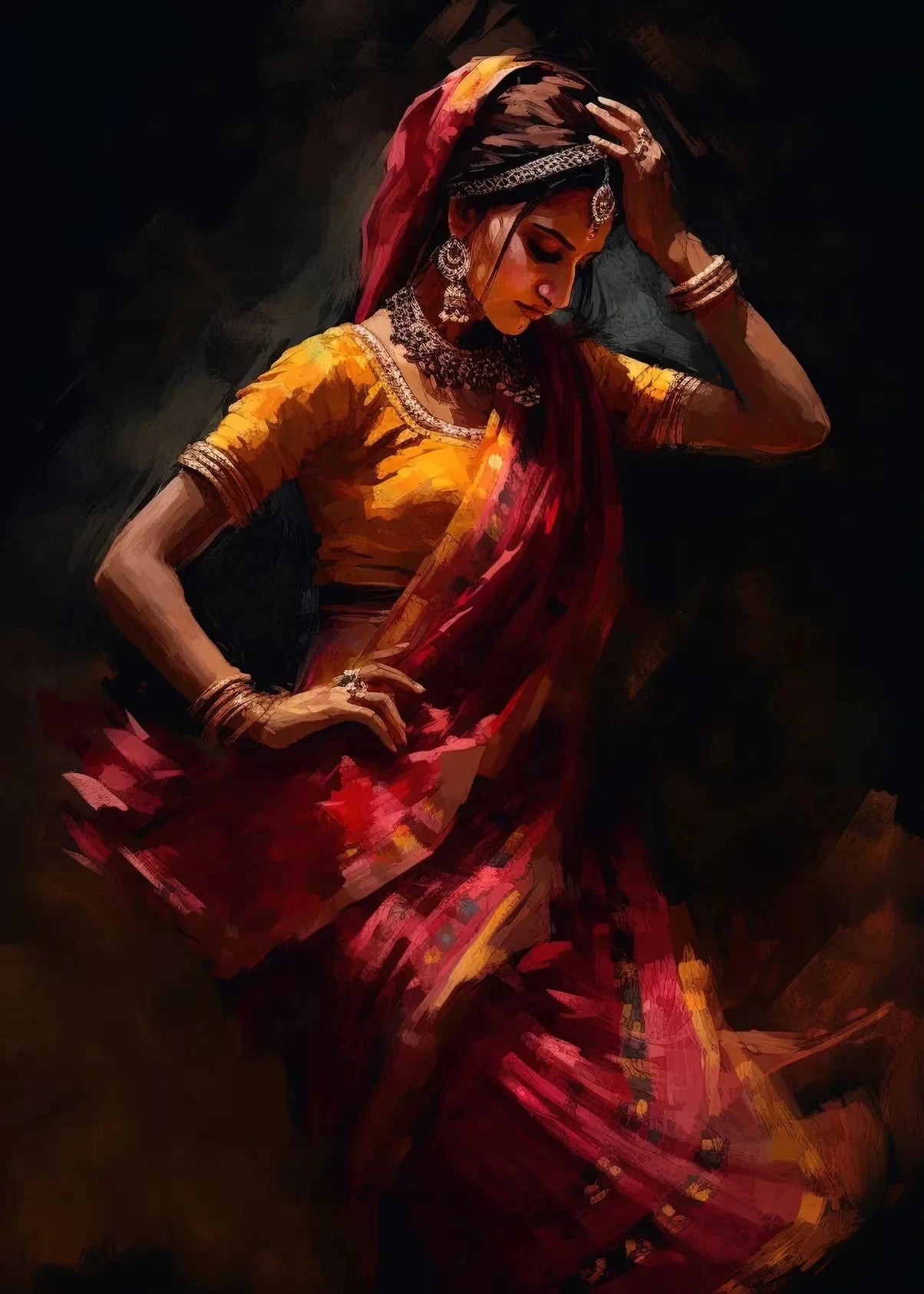 Indian Woman Dance Poster Vintage Traditional Beautiful Indian Woman Art Canvas Painting Wall Print Picture Room Home Decor - Free Item.