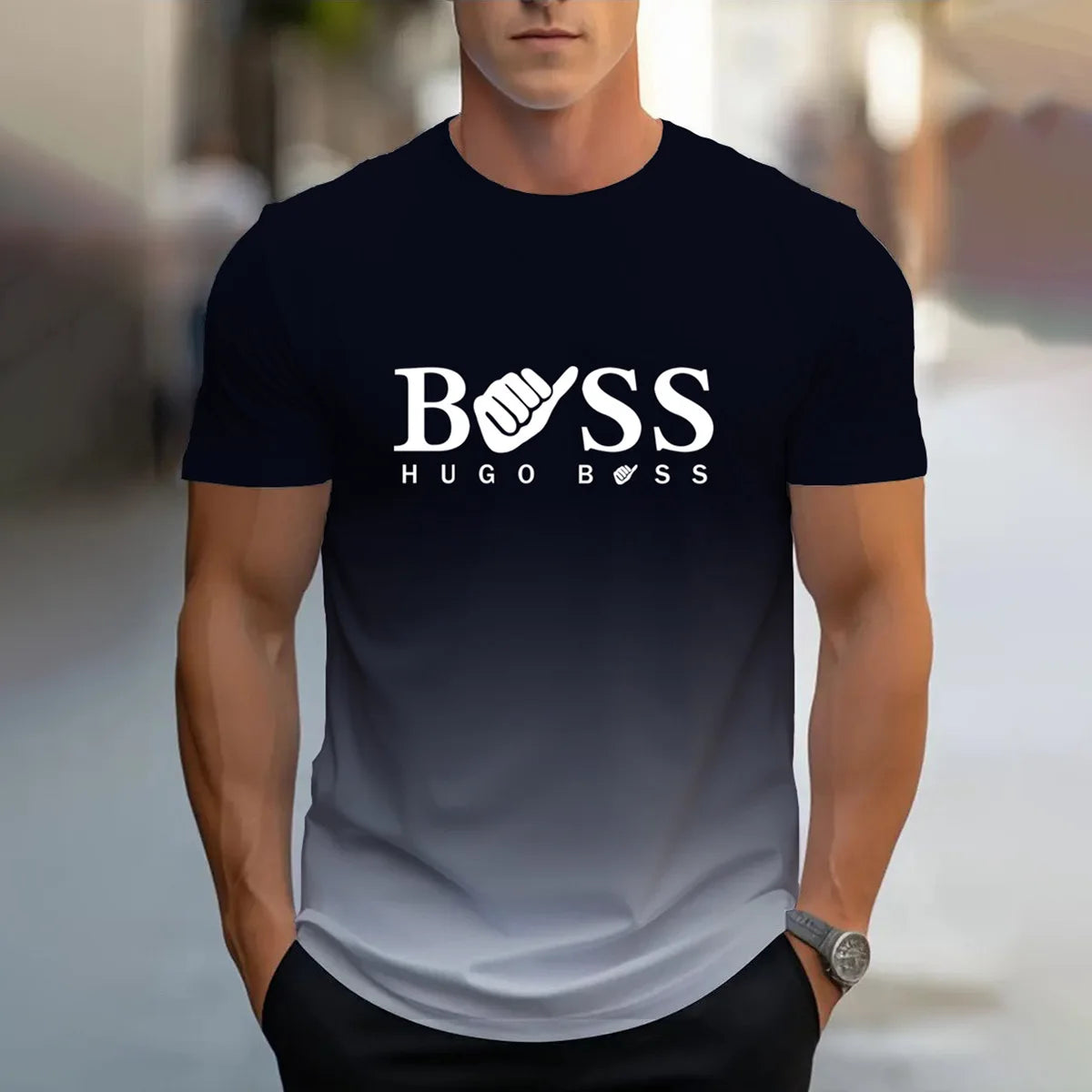 men's summer clothing casual gradient color short sleeved digital letter printed casual versatile round neck T-shirt top for men